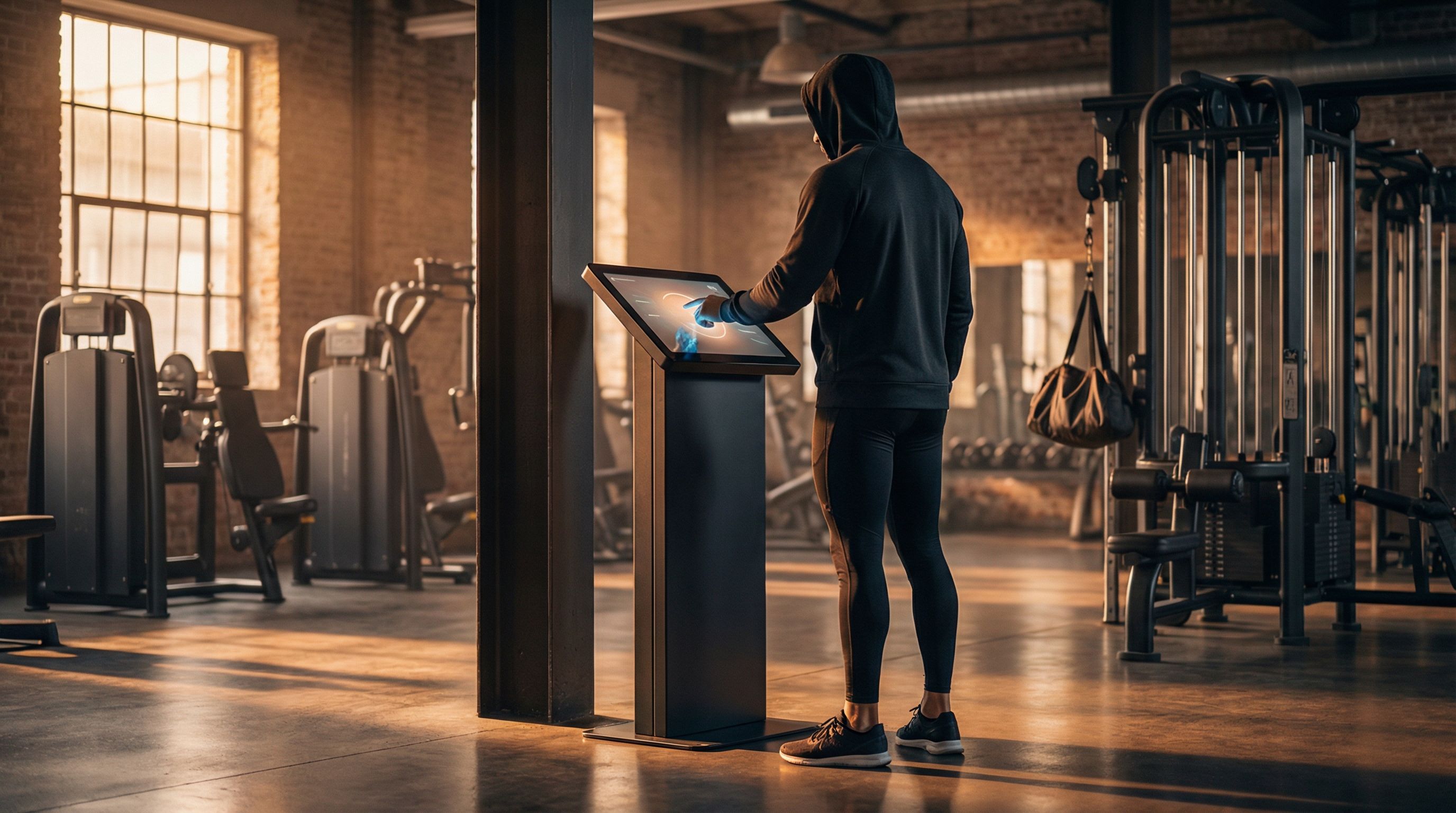 Member at a self-serve sign-up kiosk in an industrial gym
