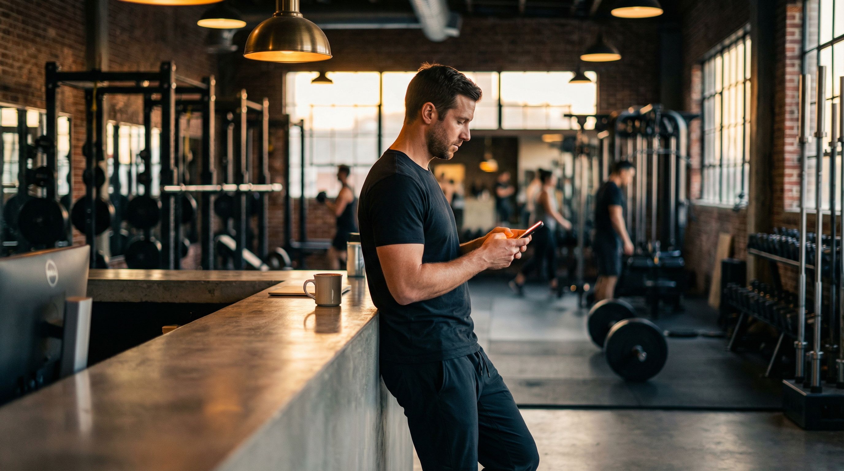 Coach at the front desk checking their phone, gym ambient behind