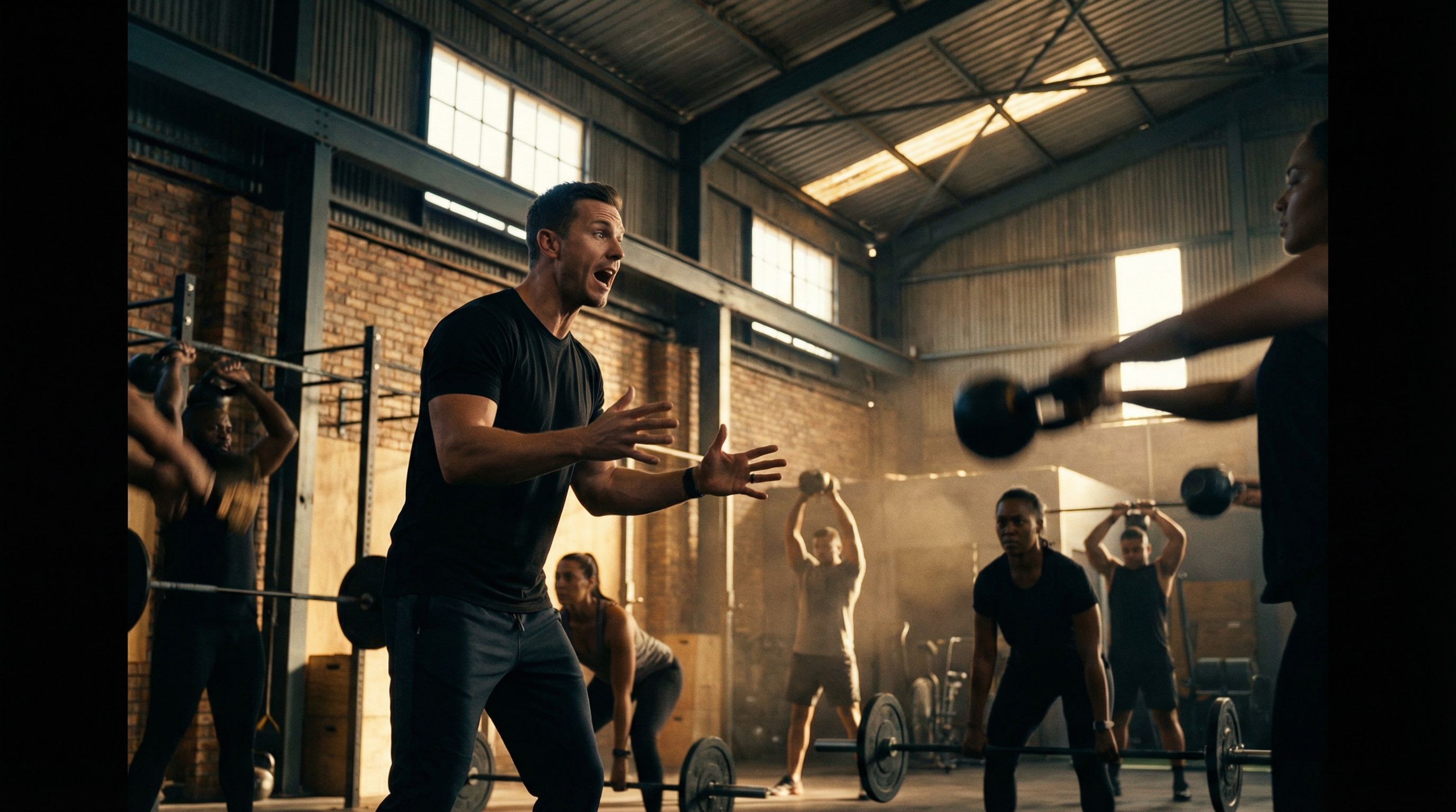 Coach mid-call, energizing a group class lifting kettlebells
