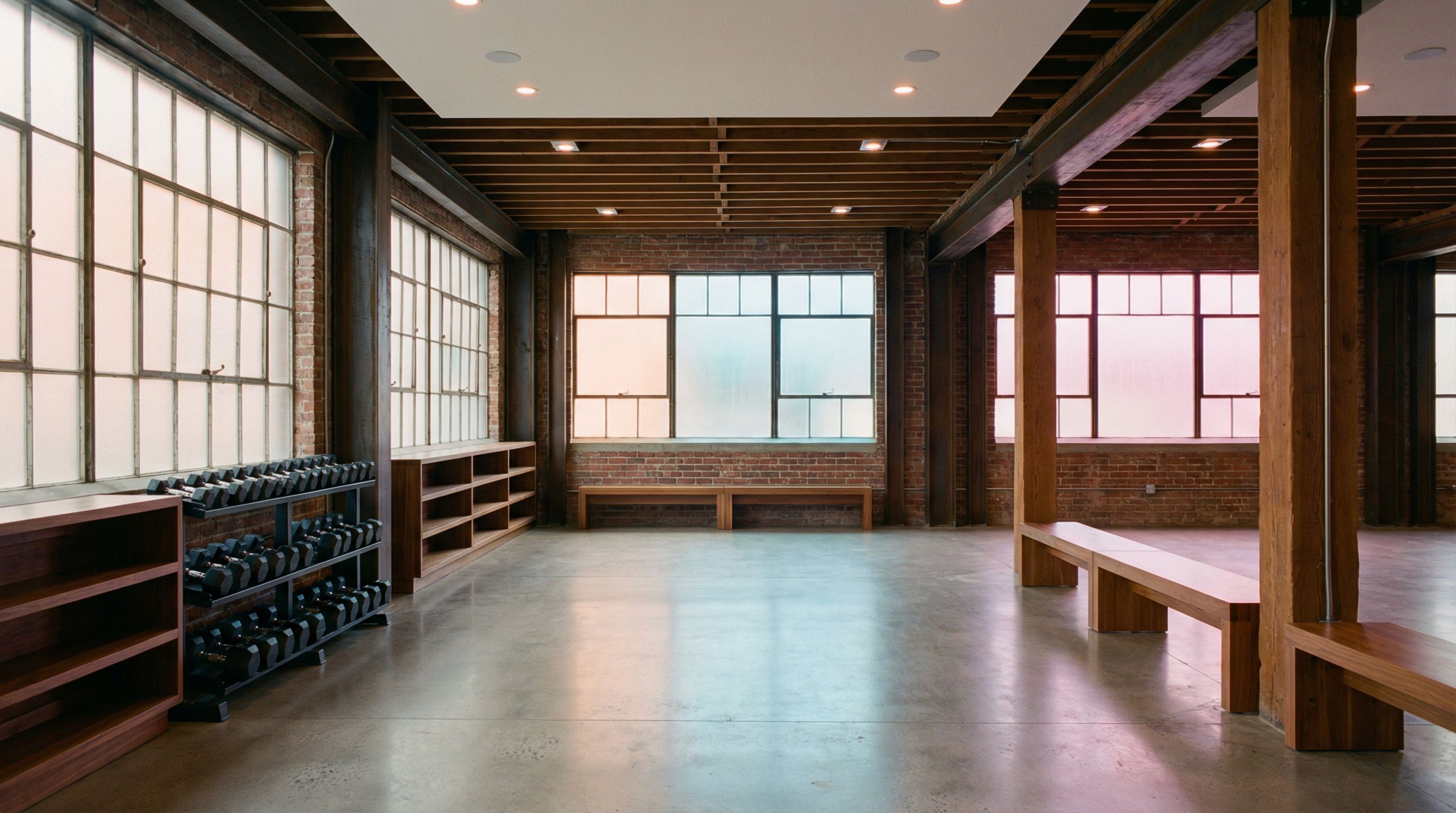 Empty boutique fitness studio with polished concrete and wood accents