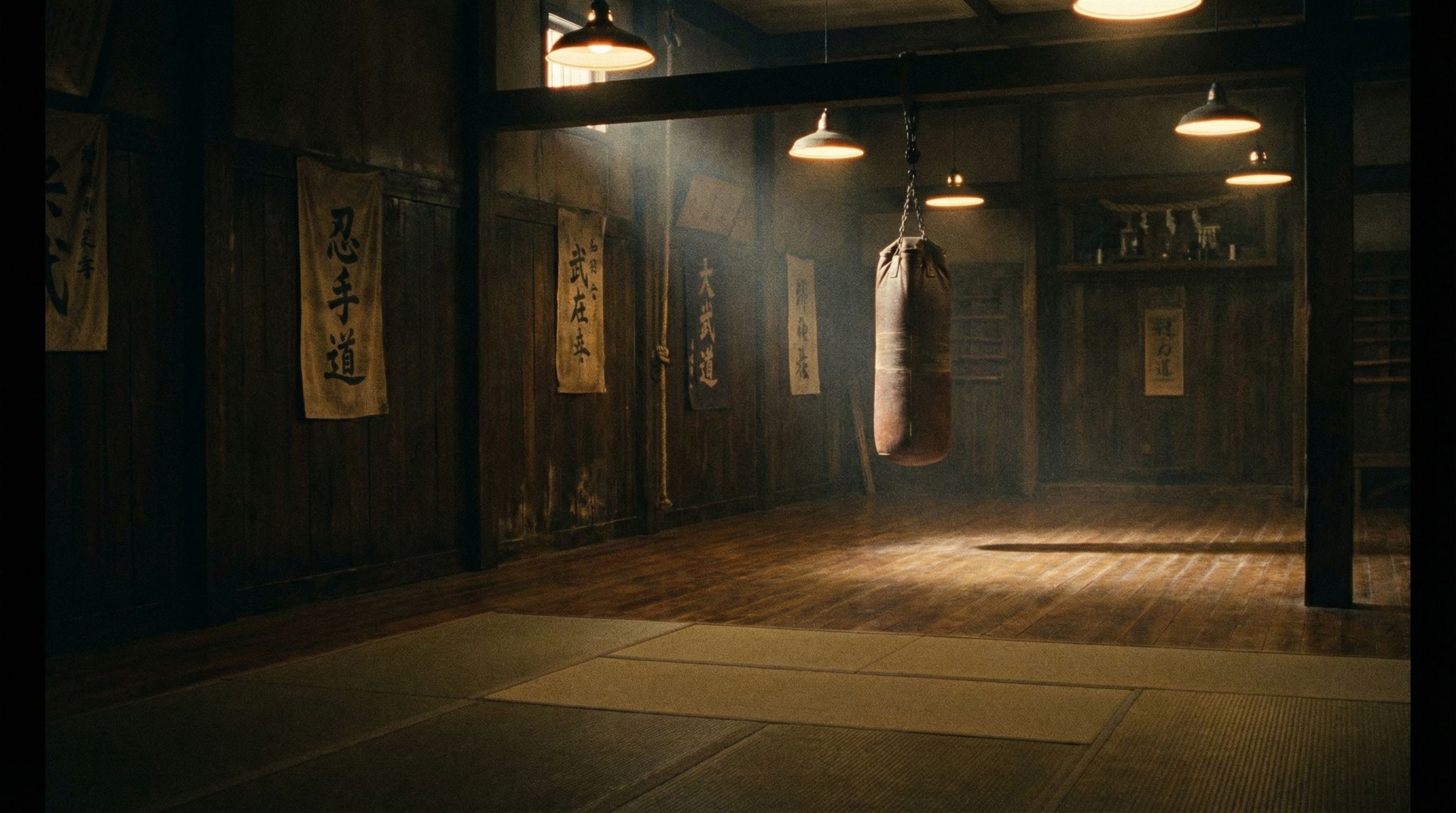 Empty martial arts dojo with tatami mats, heavy bag, and kanji banners