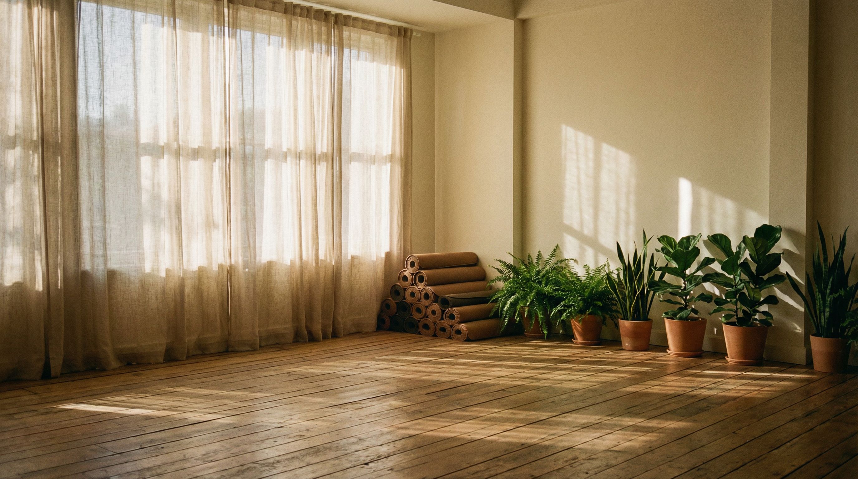 Empty yoga studio with wood floors, morning light, rolled mats, and plants